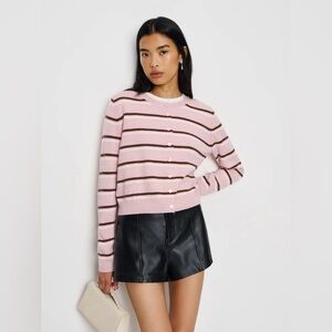 REFORMATION Clara Cashmere Crew Cardigan Cherry Blossom Stripe Small